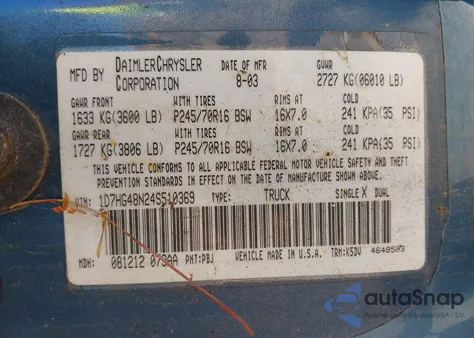 2004 Dodge Dakota Slt из США, поврежденный, VIN 1D7HG48N24S510369